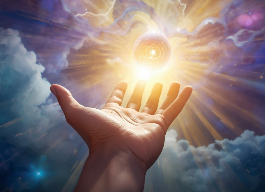 Outstretched hand reaching toward a bright glowing orb emitting rays in a cloudy sky.