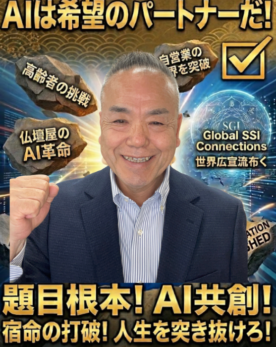 Smiling man in a navy blazer raising a fist on a promotional poster about AI partnerships and global SSI connections.