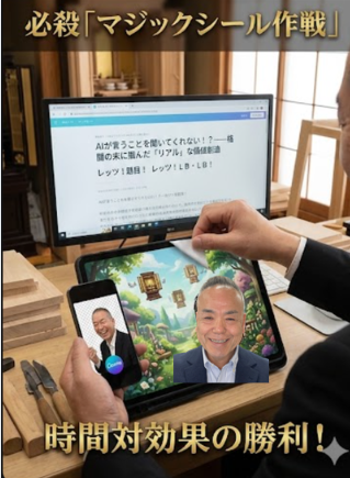 Thumbail of a person holding a smartphone showing a smiling man, with a tablet displaying a game-like scene; monitor in background and Japanese tutorial banners about time-saving tricks.
